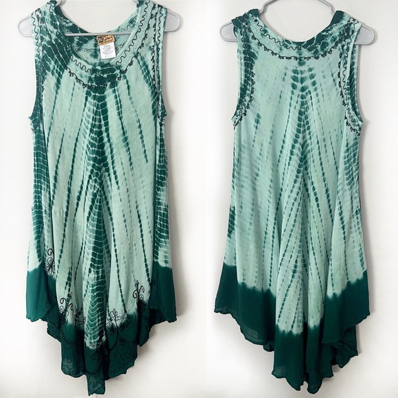Ingear Dresses & Skirts - Tie Dye Green Embroidered Midi Dress Asymmetrical Hem Beach Swim Coverup Boho